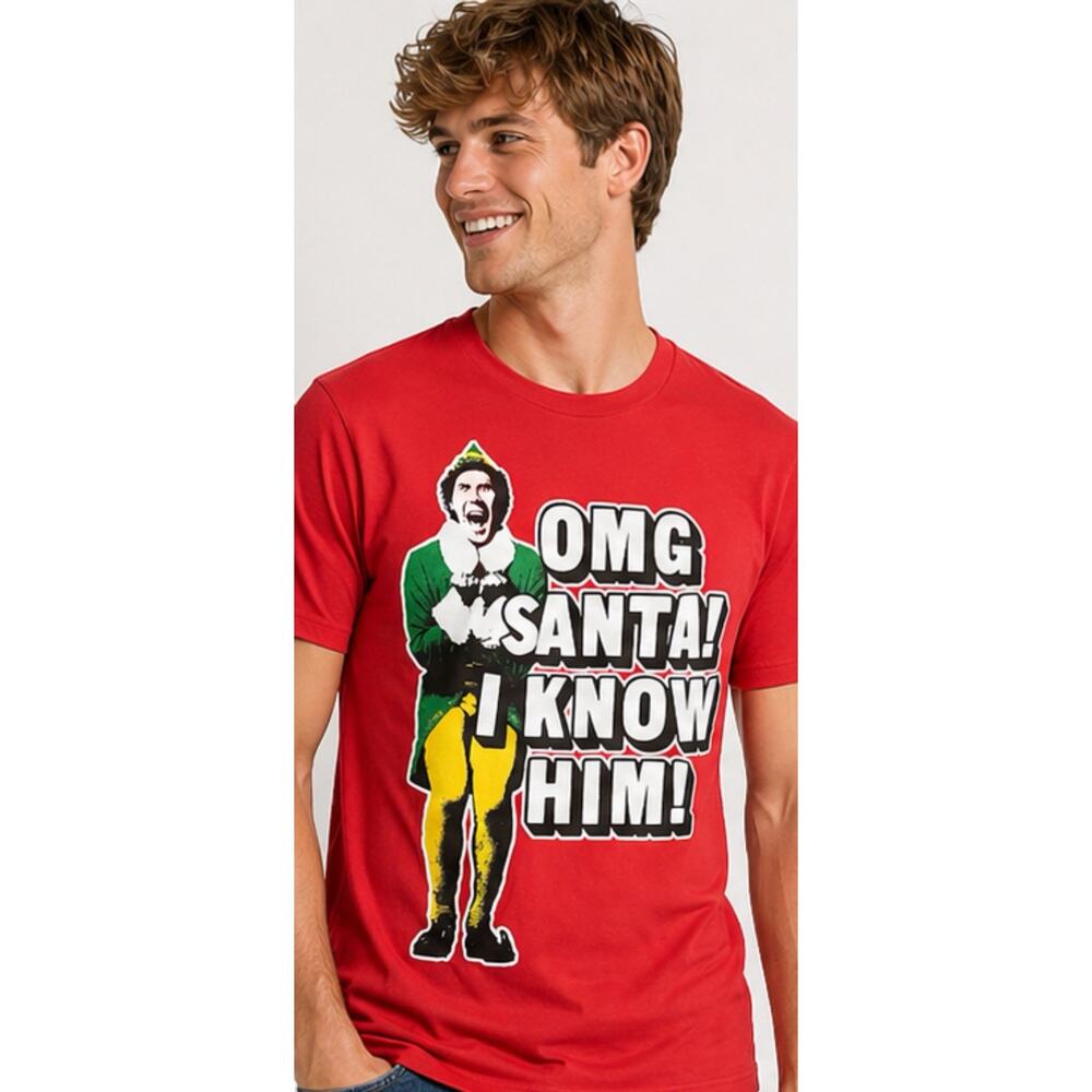Elf Movie Graphic Tee OMG Santa I Know Him Mens M Red Christmas Shirt
